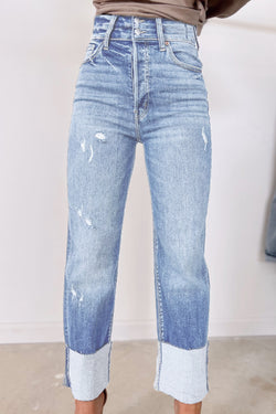 Sky Blue High Waist Distressed Straight Leg Jeans