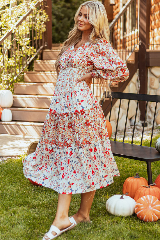 Khaki floral imprimé volant à manches longues à manches longues en V Robe midi couche