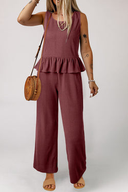 Red Dahlia Solid Color Ribbed Ruffle Tank Top and Pants Set