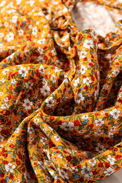 Camicetta autunnale con scollo a V e maniche a palloncino con volant floreale arancione Boho