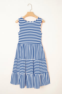 Sky Blue Stripe U Neck Maneveless Fit Fit Mini Vestido