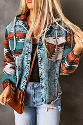 Chaqueta de mezclilla de dobladillo con estampado multicolor aztec