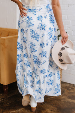 Sky Blue Boho Floral High Bruffer Maxi Skirt