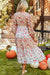 Khaki floral imprimé volant à manches longues à manches longues en V Robe midi couche