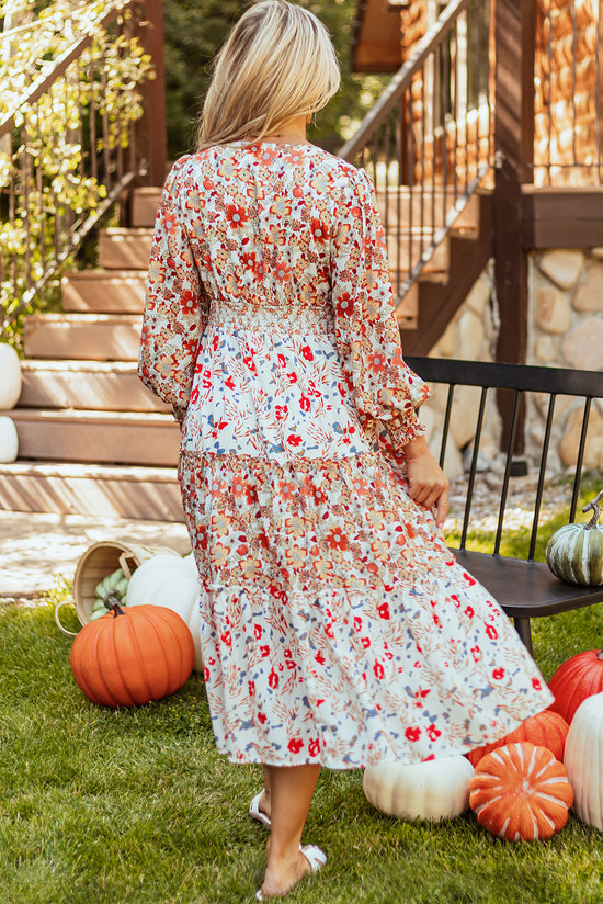 Khaki floral imprimé volant à manches longues à manches longues en V Robe midi couche
