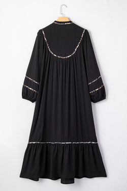 Vestido midi ribete de leopardo en contraste cuello dividido manga larga informal negro