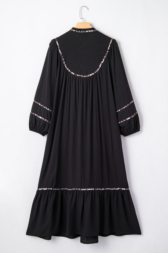 Robe midi bordure léopard contrastée col fendu manches longues décontracté noir