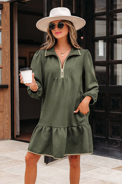 Desert Gold Quarter Zip Collar Bracelet Sleeve Textured Mini Dress