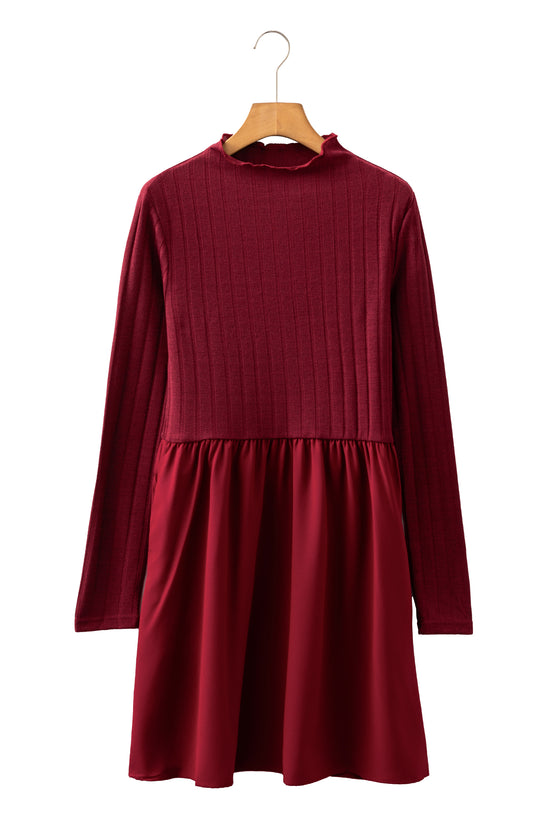 Black Frilled Neck Ribbed Knit Patchwork Long Sleeve Mini Dress