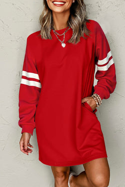 Fiery Red Varsity Contrast Banded Sleeve Shift Sweatshirt Dress