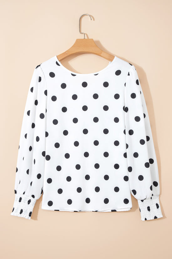 White Polka Dot Print Round Neck Frilled Long Sleeve Blouse