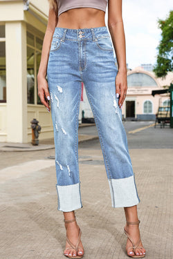 Sky Blue High Waist Distressed Straight Leg Jeans