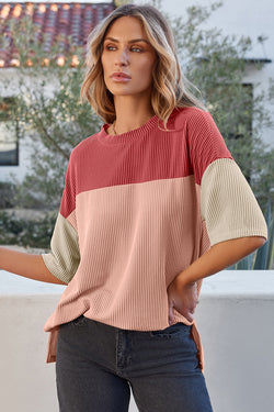 Flitte laterali a costine a costine di colore rosa Top a mezza manica