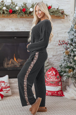 Texture a costola con grigio in carbonio Dettagli patchwork leopardo 2pcs set di pantaloni