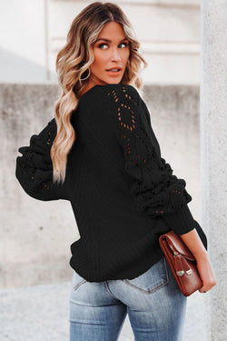 Black Hollow-out Puffy Sleeve Knit Sweater
