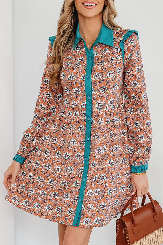 Minivestido camisa con cuello en contraste floral boho naranja