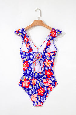 Tastro a volant blu floreale V Nervo Lace-Up Back Tummy Control Swimsuit One Piece