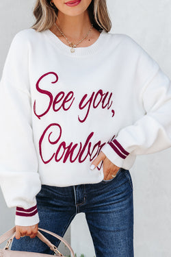 Bianco See You Cowboy ricamato maglione grafico occidentale