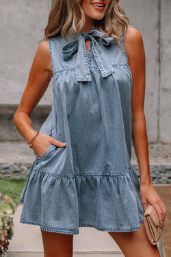 Beau Blue Bowknot Neck sin mangas con volantes Vestido de chambray