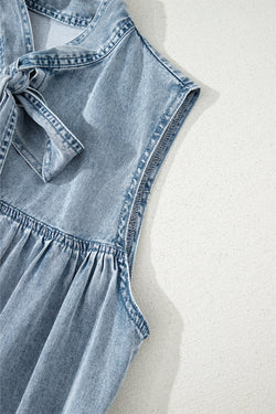 Beau Blue Bowknot Neck sin mangas con volantes Vestido de chambray