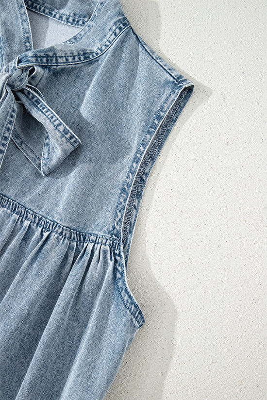 Beau Blue Bowknot Neck sin mangas con volantes Vestido de chambray