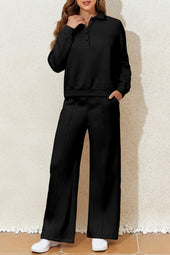 Sudadera con cuello sólido negro y pantalones de cintura alta