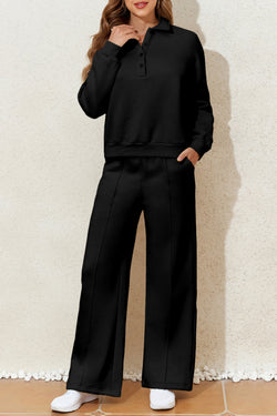 Black Solid Collared Sweatshirt and High Waist Pants Active Set