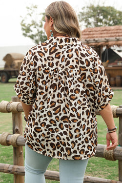 Khaki Plus size Shirt a manica corta stampata leopardo
