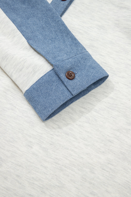 Light Grey Denim Patchwork Buttoned Polo Collar Long Sleeve Top