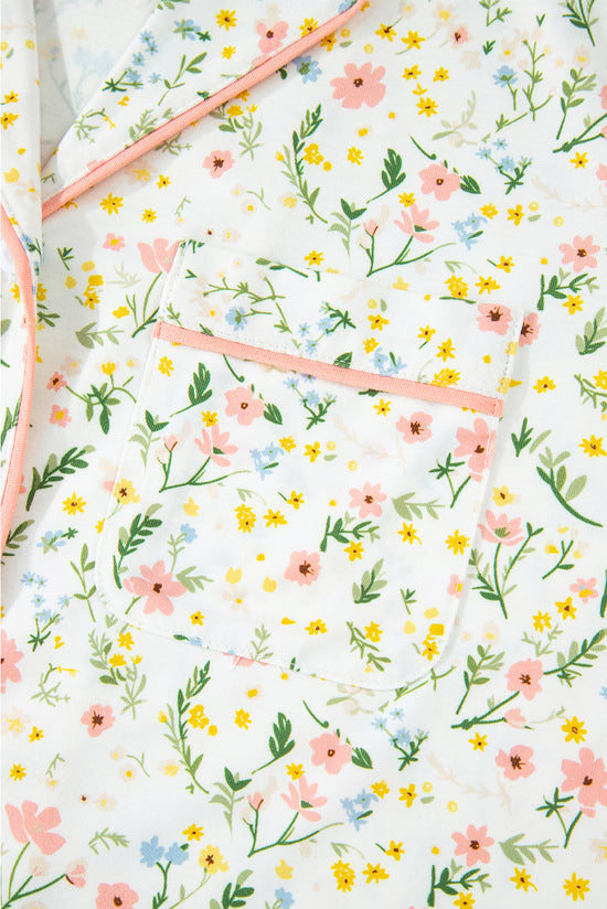 Floral Print Contrast Pipping Short Pajamas Set