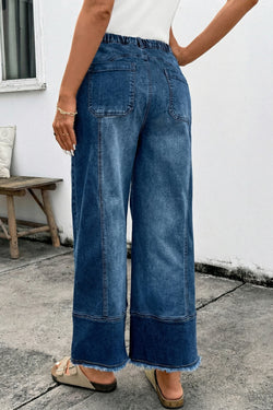 Prussian Blue Drawstring Seam Detail Raw Hem Wide Leg Denim Pants