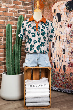 Casual Unique Leopard Print Button Contrast Collared Short Sleeve Blouse