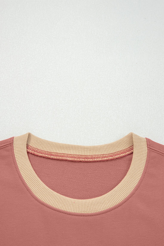 Rose Pink Contrast Star Patchwork Exposed Seam Uneven Hem Drop Shoulder Sweatshirt