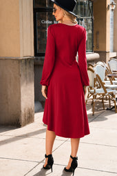 Solid Color Ruched Detail Long Sleeve Midi Dress