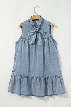 Beau Blue Bowknot Neck sin mangas con volantes Vestido de chambray