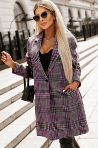 Pink Plaid Lapel Collar One Button Midi Coat