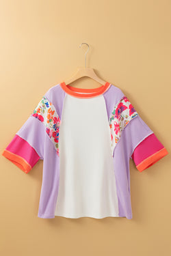 Blusa casual a blocchi di colore floreale rosa rosa