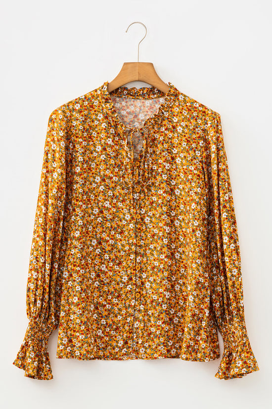 Orange Boho Floral Ruffled Bubble Sleeve V Neck Fall Blouse