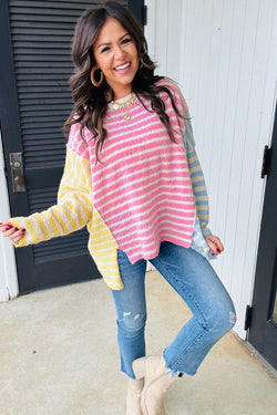 Mulicolor Block Block listrado retalhos de retalhos Dolman Sleeve Slit Sweater