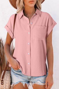 Pink Solid Color Cuffed Short Sleeve Shirt