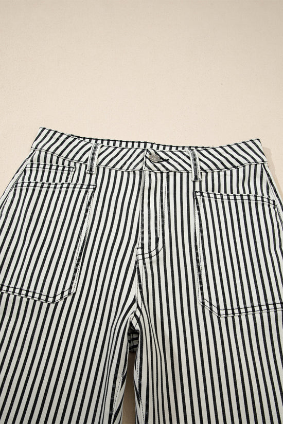 Jean en denim droit taille haute à rayures et poches plaquées noir