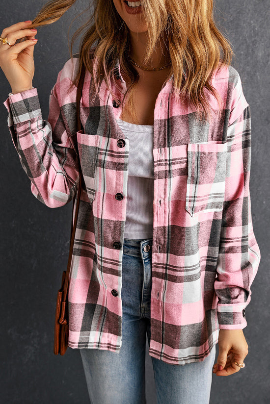 Camicia tascabile con abbottonatura plaid rosa