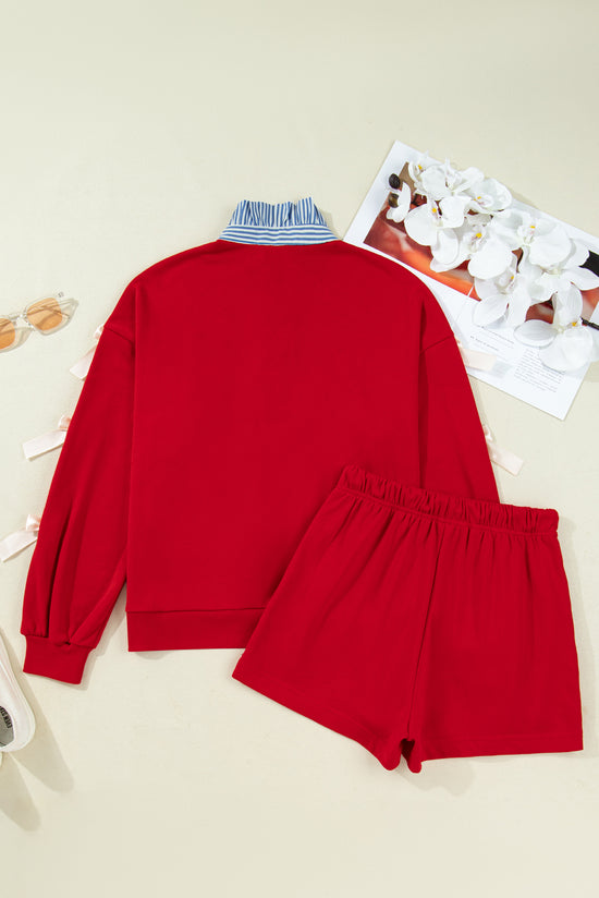 Ensemble sweat-shirt et short en satin avec col rayé rouge Racing