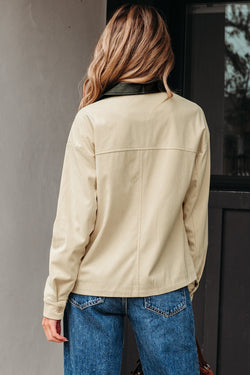Parchment Contrast Leather Collar Textured Zip Up Jacket