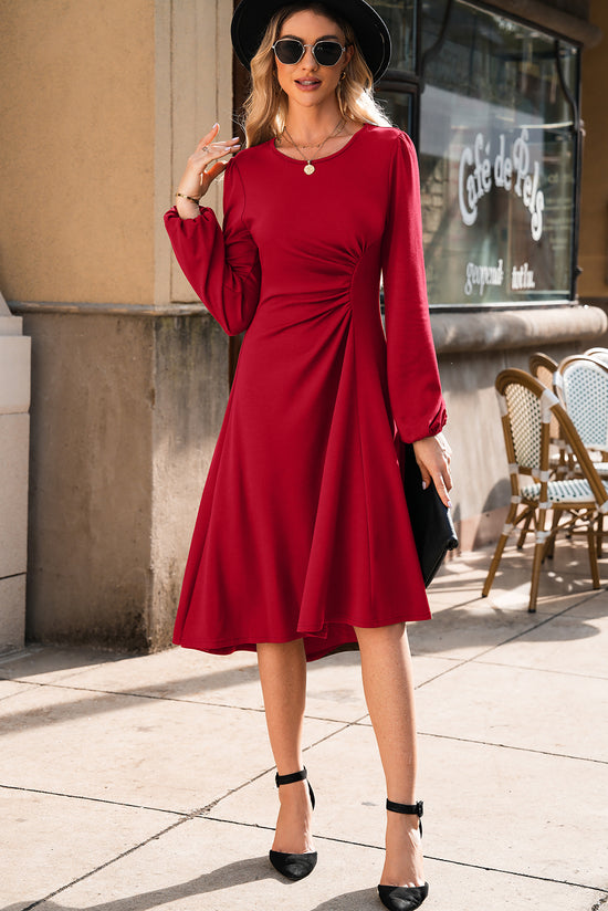 Solid Color Ruched Detail Long Sleeve Midi Dress
