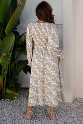 Vestido largo de manga de hojaldre de maple de color caqui grove