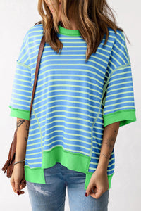Sky Blue Stripe Contrast Trim de contraste surdimensionné couture exposée