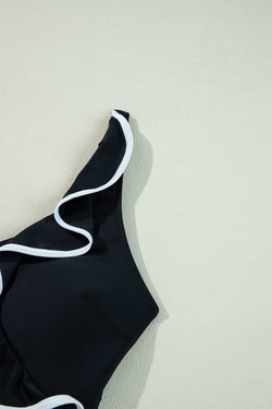 Contrasto di colore nero Blavola arricciata a V collo da bagno