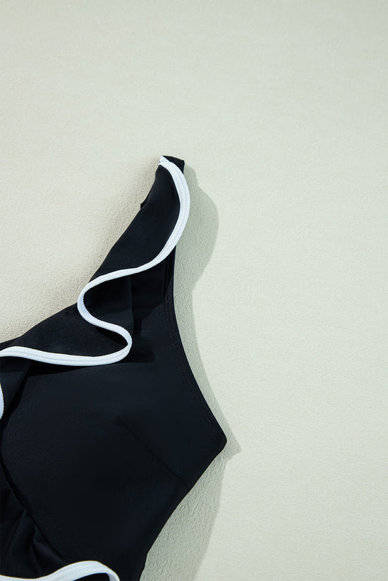 Contrasto di colore nero Blavola arricciata a V collo da bagno