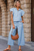 Beau Blue Textured Ruffled Sleeve Zipped Top and Wide Leg Pants Set
